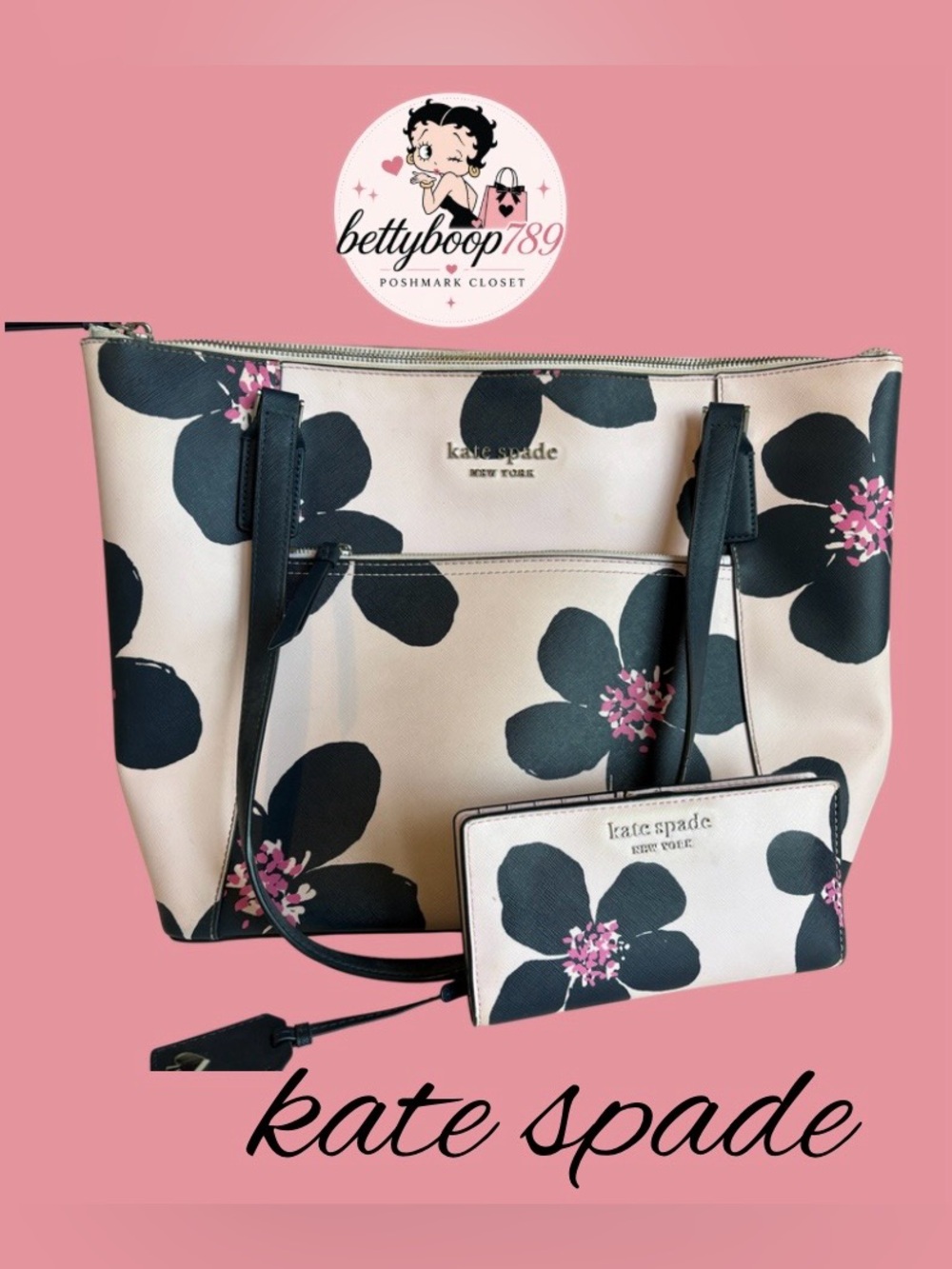 kate spade Black & Pink Floral Tote with Matching Wallet